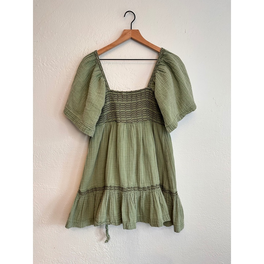 Free People Easy To Love Minidress Still Pond Green Smocked Cotton Gauze Small - Picture 2 of 5